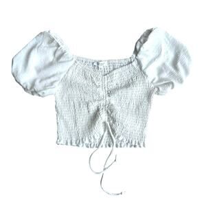 Kirious LA Smocked Puff Sleeve Babydoll Peasant Milkmaid Crop Top White Large